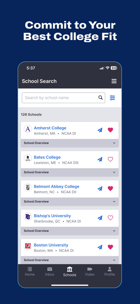 SportsRecruits Pro app screen displaying a list of colleges with NCAA divisions and locations for student-athletes to find their best fit
