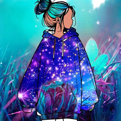 realistic girl with a oversized sweatshirt on and a bun