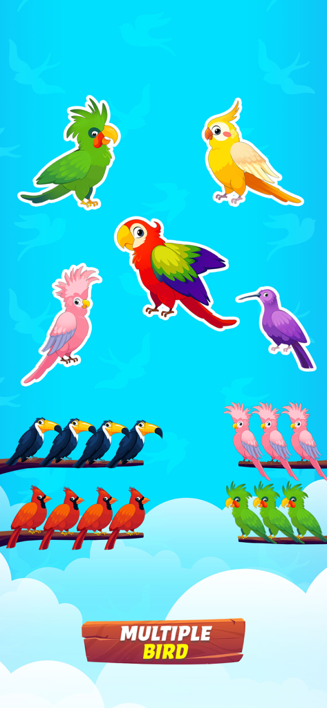 Especies de pájaros coloridos clasificadas en ramas en un juego de rompecabezas lógico.