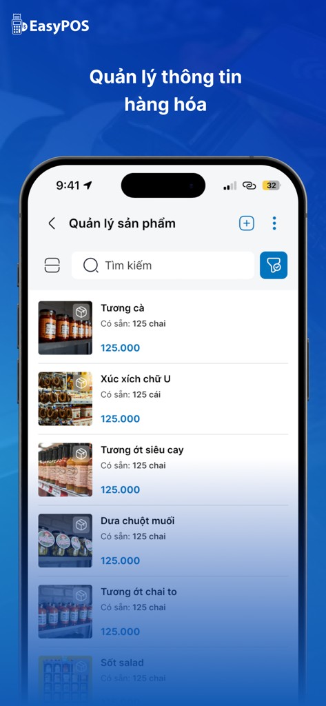 Easy Pos - A tela de gerenciamento de produtos do aplicativo móvel Easy Pos exibindo uma lista de mercadorias com preços e níveis de estoque.