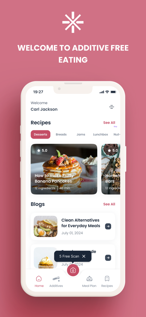 Additive-Free Lifestyle - Additive-Free Lifestyle app home screen displaying healthy pancake recipes and wellness blogs
