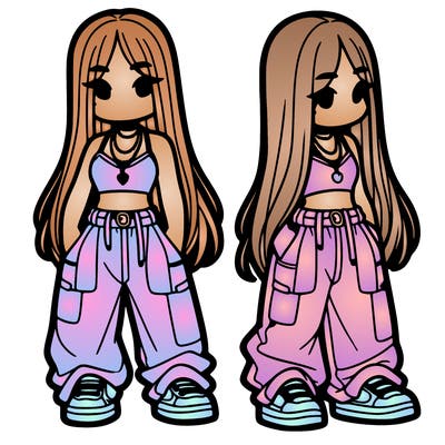 girl in baggy pants crop top and long hair