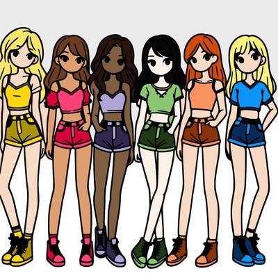 a group of girls wearing crop tops and shorts