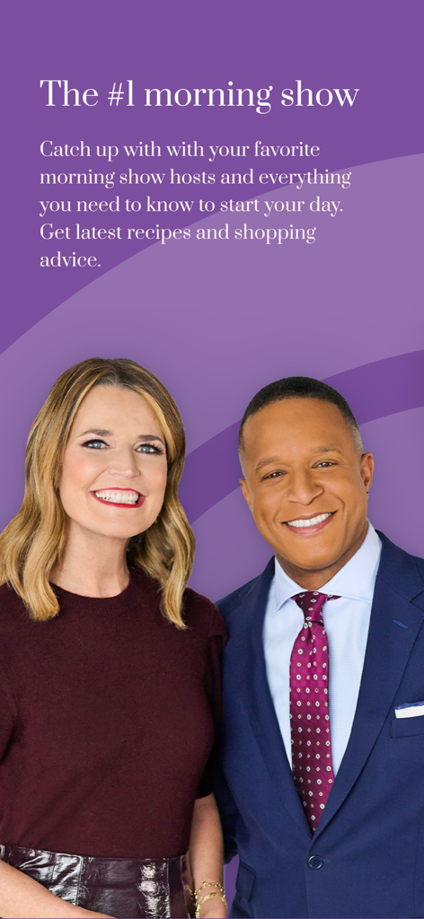 TODAY Show - Savannah Guthrie and Craig Melvin smiling on the purple background of the TODAY Show app