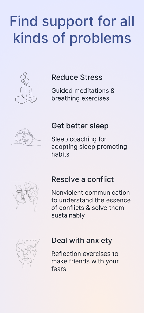 Me: Self Care App - Eine Liste von Unterstützungfunktionen für die psychische Gesundheit in der Me App, einschließlich Stressreduktion, Schlafcoaching, Konfliktlösung und Angstmanagement