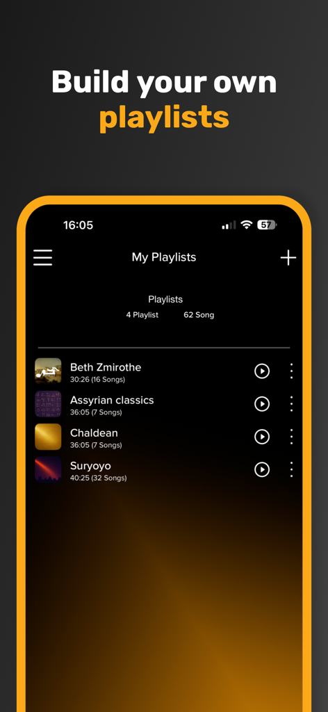 Toby.Audio - Toby.Audio mobile app screen showing custom playlists for Assyrian and Chaldean music