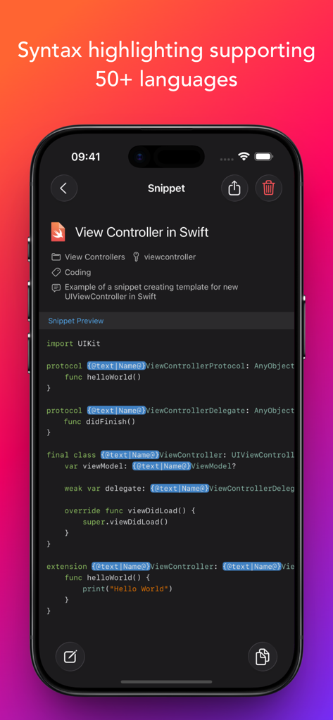 Snippety - Snippets Manager - Aplicativo Snippety exibindo um snippet de código Swift com coloração de sintaxe em um iPhone.