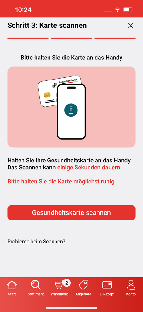 Smartphone escaneando una tarjeta sanitaria alemana a través de NFC para una receta electrónica en la aplicación de apotal.
