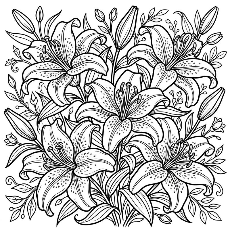 Embrace the vibrant energy of spring with this exquisite Stargazer Lilies coloring page, bursting with floral detail. Perfect for nature lovers, it offers a refreshing artistic escape.