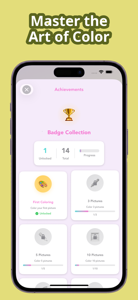 Chibi Coloring Book: Anime Art - Achievements and badge collection screen in the Chibi Coloring Book app