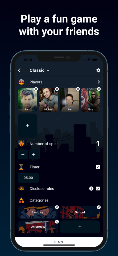 Spy - the game for a company - Setup screen for the Spy social deduction game showing players and categories