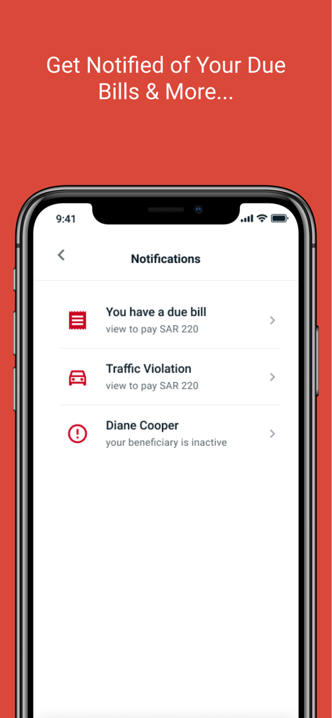 Enjaz App notification screen showing bill payment reminders and traffic violation alerts
