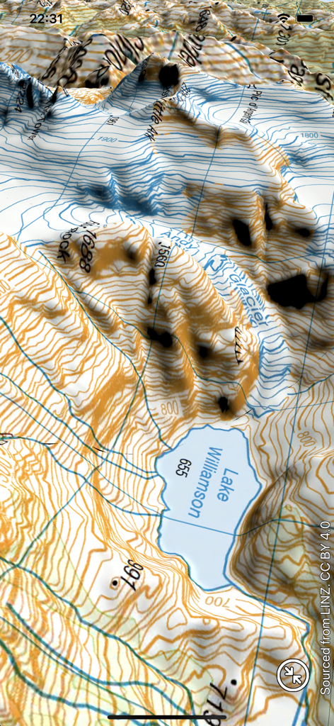 Mapa topográfico 3D do Lago Williamson e montanhas circundantes na Nova Zelândia