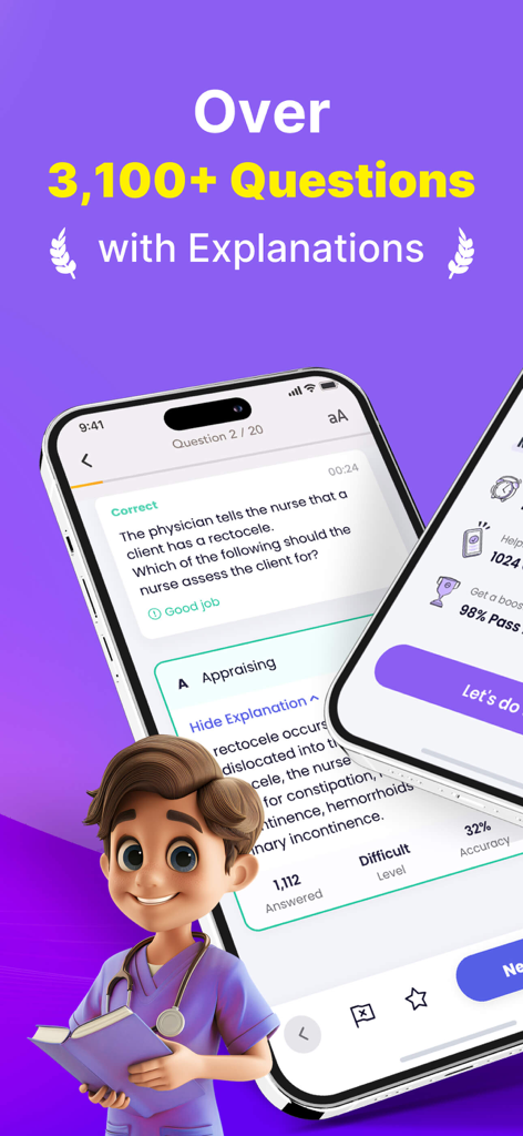 NCLEX® Exam Prep 2026 - NCLEX Exam Prep 2026 app interface showing over 3100 questions with detailed explanations and a nurse character.
