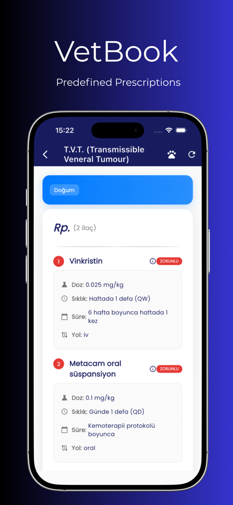 Vetbook mobile app screen displaying predefined prescriptions and dosage protocols for veterinary treatments.