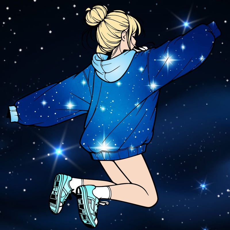 realistic girl jumping with a bun and oversized sweatshirt