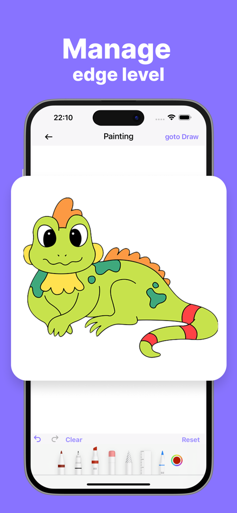 Pantalla de la aplicación AR Drawing que muestra un lagarto de dibujos animados y herramientas de pintura digital como lápices y rotuladores.