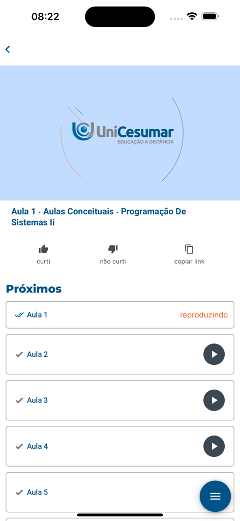 Interface de leçon vidéo de l'application Unicesumar Studeo montrant une conférence sur la programmation des systèmes et une liste de lecture des cours à venir.