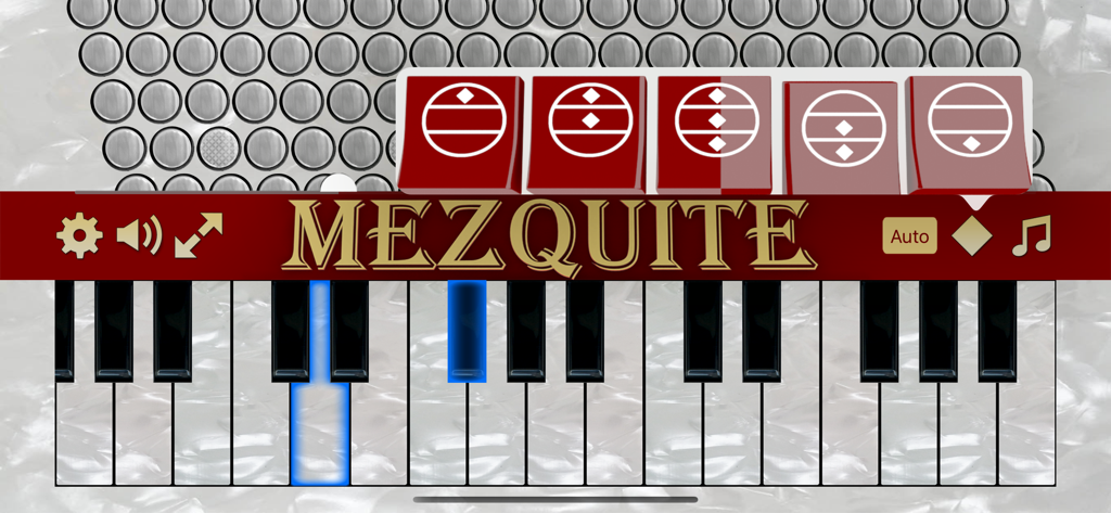 Mezquite Piano Accordion interface showing blue lit keys and red register buttons