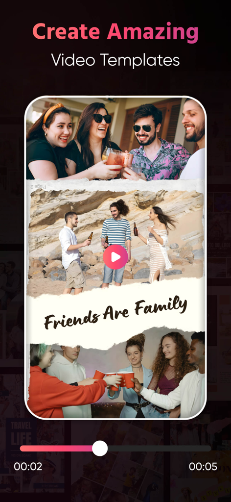 Grid Square Cut-Carousel Maker - Interface of a mobile video template editor showing a lifestyle photo collage and timeline