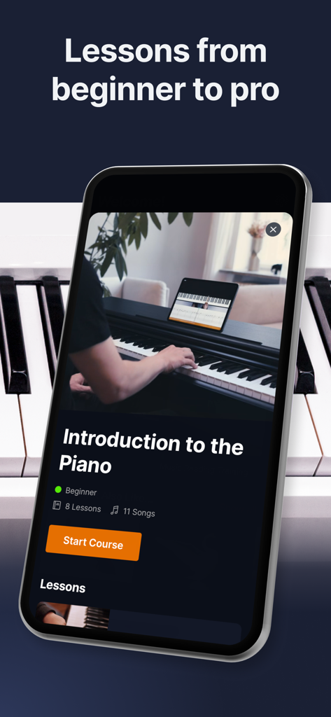 flowkey – Learn to Play Piano - Flowkey mobile app interface featuring an introduction to piano course for beginners.