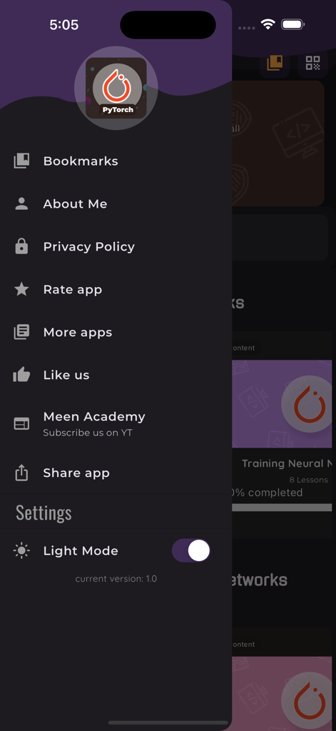Learn PyTorchアプリのナビゲーションサイドバー。ブックマーク、設定、ライトモードトグルが表示されています。