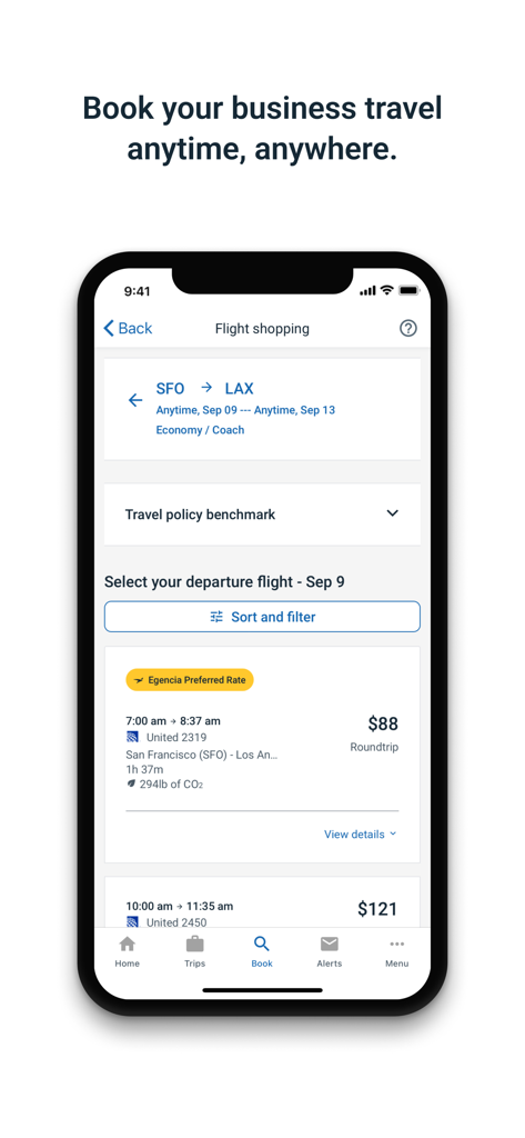 Egencia mobile app interface showing business flight search results for a roundtrip from SFO to LAX