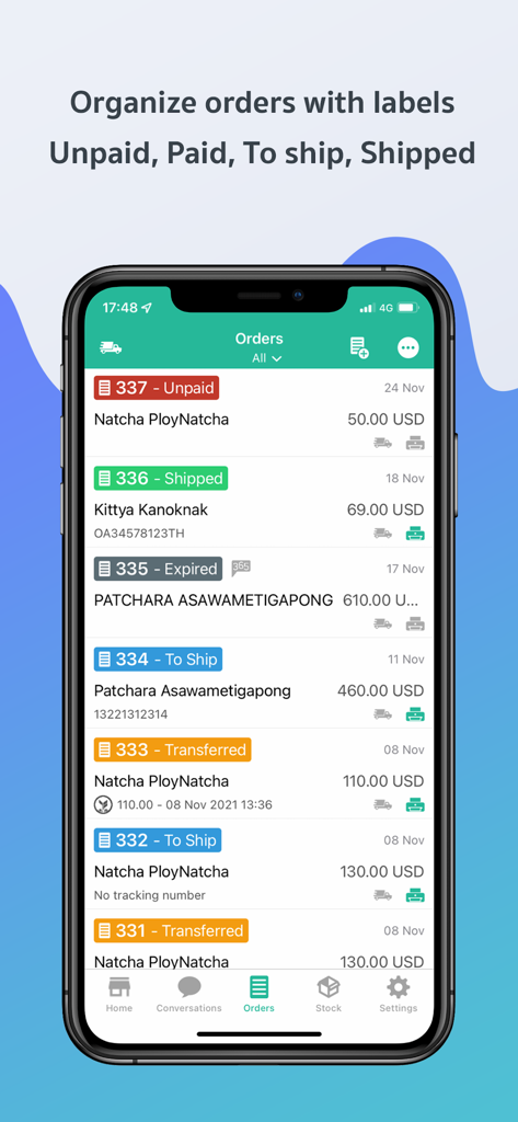 Page365 app screen displaying a list of orders categorized by status labels