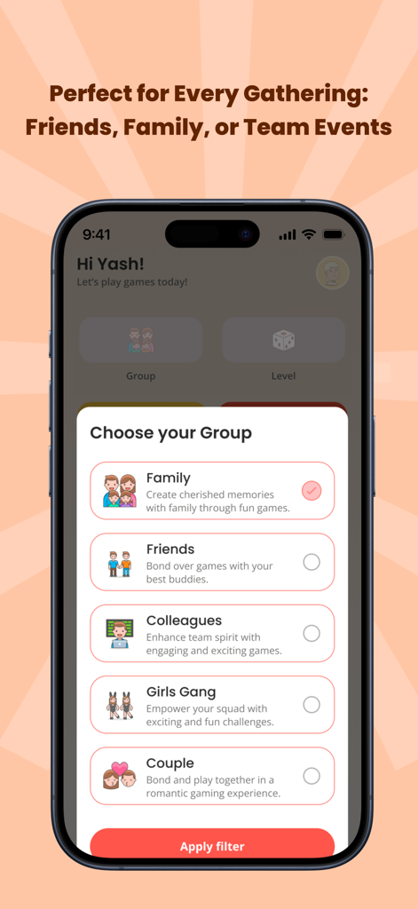 The group selection screen in the Kozyclan app showing options for family, friends, and colleagues.