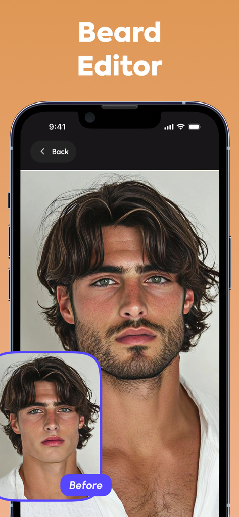 Hairstyle AI – Haircut Try On - Función de prueba de barba virtual que muestra resultados de antes y después en un hombre