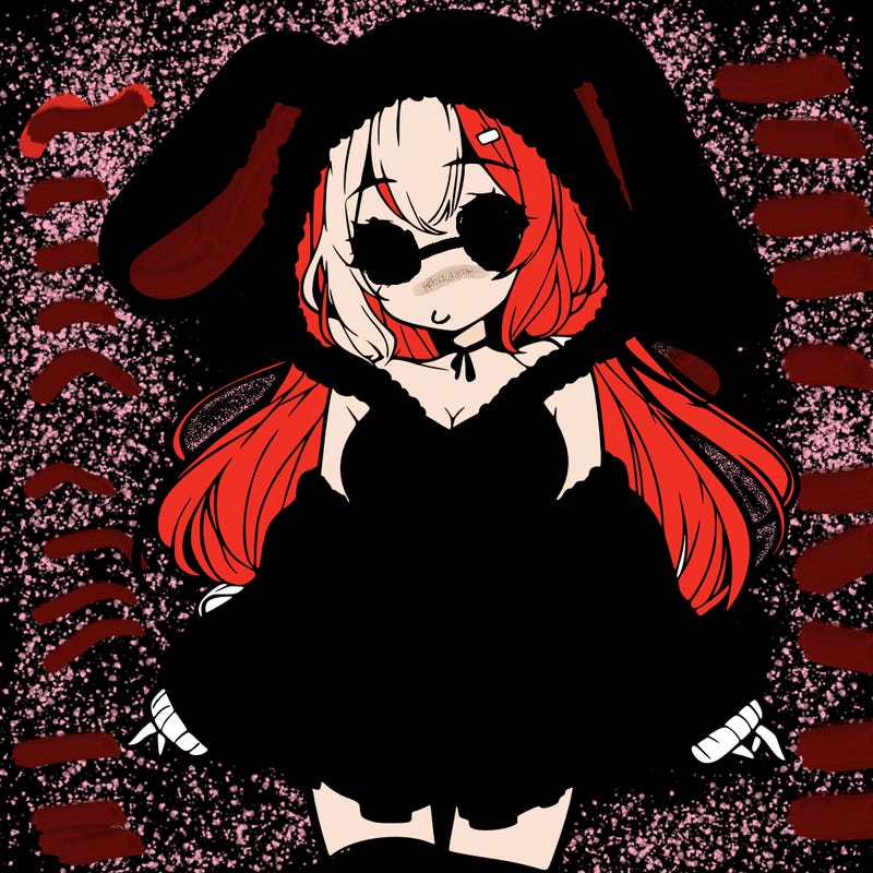 pretty anime girl wearing a fluffy hoodie with bunny ears on the hood and a skirt