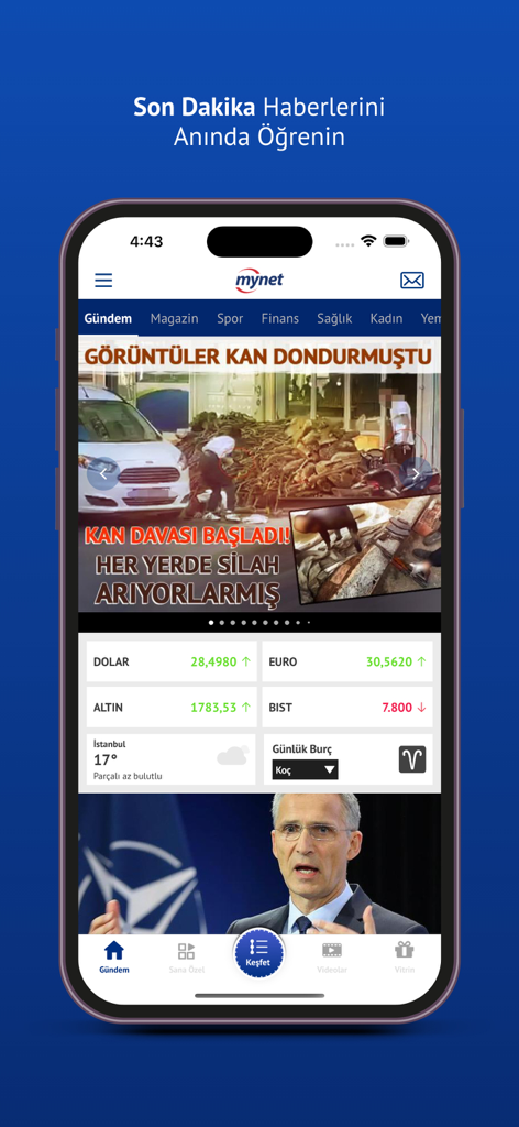 Mynet Haber - Son Dakika - Mynet Haber mobile app interface featuring breaking news headlines finance data and weather updates
