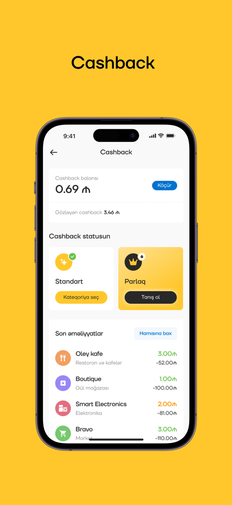 Yelo - Yelo Bank mobile app showing cashback balance and transaction rewards history