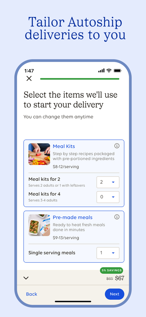 Blue Apron app screen for choosing meal kits and pre-made meals