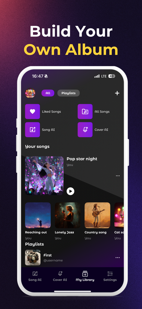 The My Library screen in the Sing AI app featuring saved AI-generated songs and user playlists.