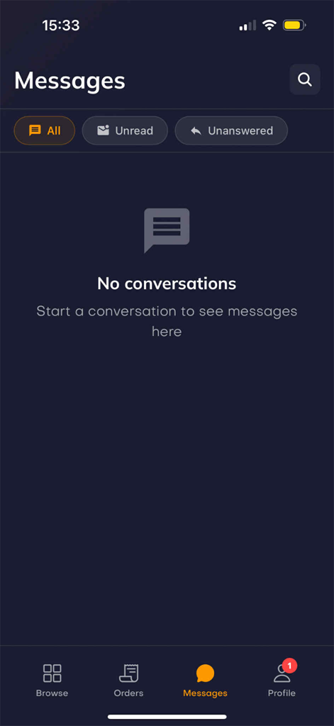 Caixa de entrada de mensagens vazia na interface do aplicativo móvel igitems