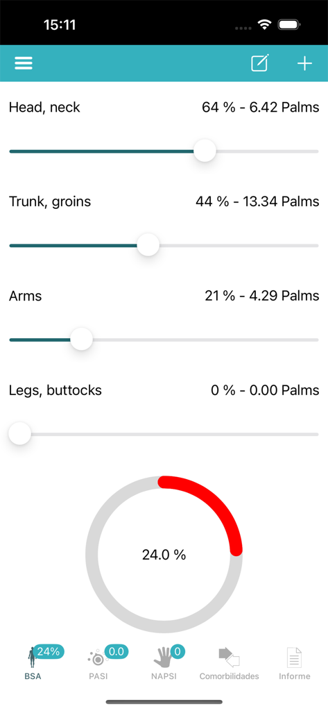 PsoriasisCalc - Interfaz de la aplicación PsoriasisCalc que muestra los deslizadores de medición del Área de Superficie Corporal para cabeza, tronco, brazos y piernas.