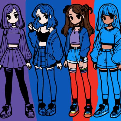 one girl with crop-top shirt and a jacket with a skirt, long socks and another girl with a shirt and pants with a jacket