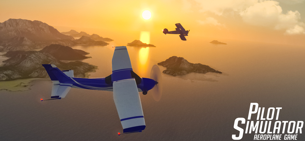 Plane Simulator: Plane Games - Two propeller planes flying over tropical islands and the ocean during a golden sunset in Pilot Simulator Aeroplane Game