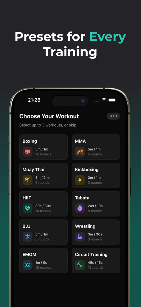 Schermata dell'app Boxing Timer che visualizza i preset di allenamento per pugilato, MMA e HIIT