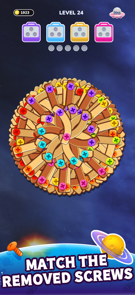 Screw Master: Color Nuts Jam - Gameplay of Screw Master Color Nuts Jam showing a circular arrangement of wood planks with colored screws to be sorted into matching boxes.