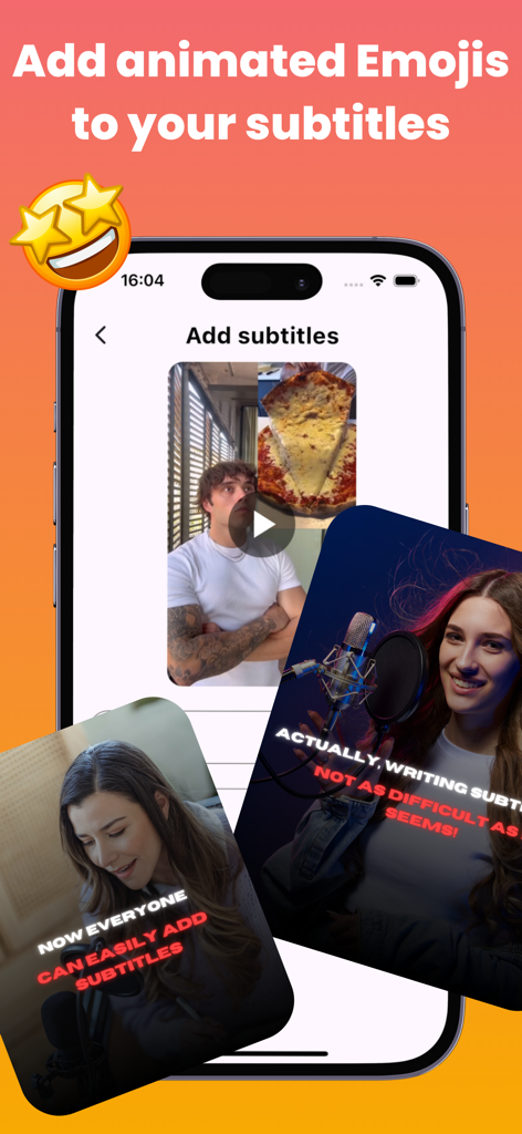 動画クリエイター向けの動画キャプション用アニメーション絵文字と自動字幕を表示するスマートフォンの画面