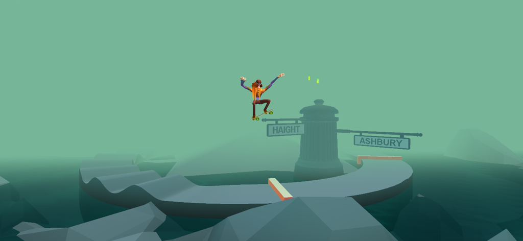 Hippy Skate - Um personagem pulando de skate perto de placas de rua Haight e Ashbury no jogo mobile Hippy Skate.