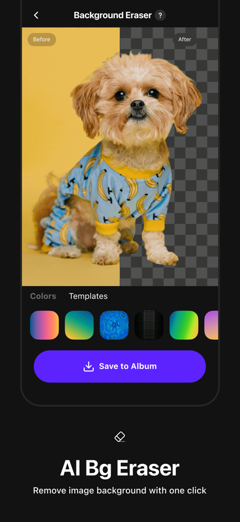 PhotoAI - AI Photo Enhancer - Ein Vorher-Nachher-Vergleich eines Hundefotos, das mit dem KI-Hintergrundentferner-Tool in der PhotoAI-App verwendet wurde