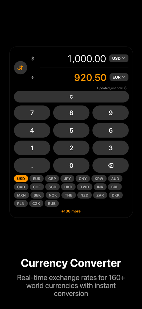 Calculator: Scientific+Finance - Interface of the currency converter feature in the Calculator app showing real-time exchange rates for USD to EUR