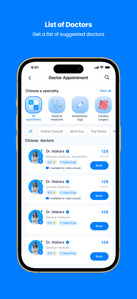 MeetDoctor - Screenshot of the MeetDoctor app displaying a list of doctors available for online video consultations and physical appointments