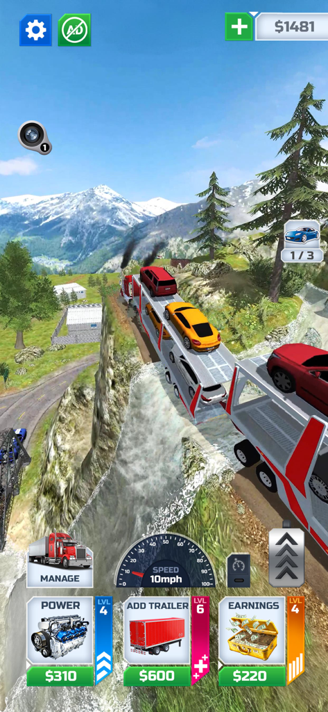 Truck Transport Simulator ! - A truck hauling multiple car carrier trailers on a scenic mountain road with a waterfall