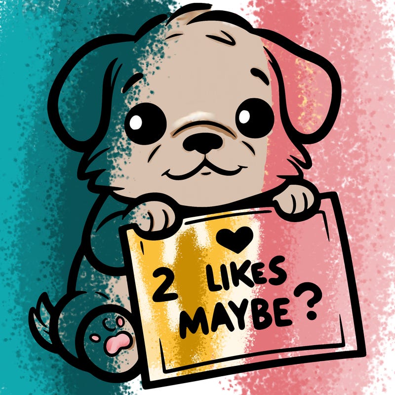 a puppy holding a sign that says 2 likes maybe?