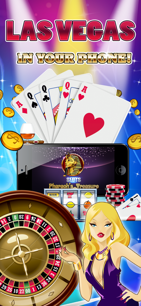 Slots - Pharaoh's Treasure - Grafica promozionale per Slot Tesoro del Faraone che mostra un telefono cellulare con rulli di slot egiziani circondati da una ruota della roulette e carte da gioco