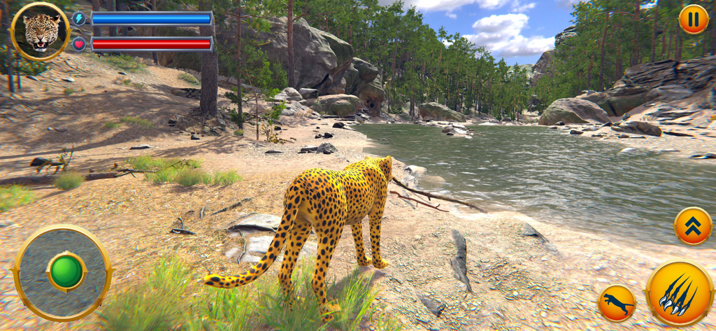 Wild Cheetah Family Simulator - A wild cheetah standing on a riverbank in a 3D jungle simulation game